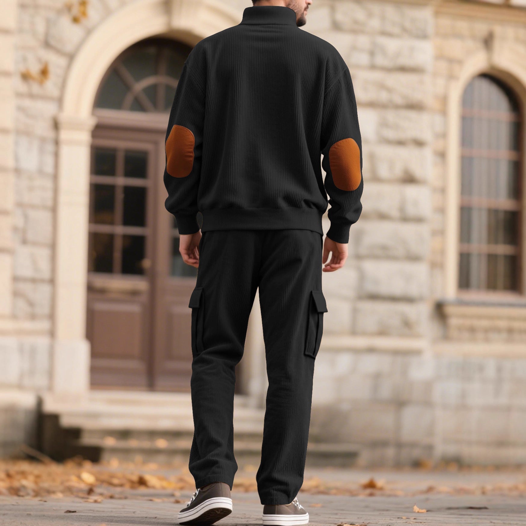 Herren nan strukturierter Troyer-Pullover mit Stehkragen Druckknopfleiste und Velours-Ellenbogenpatch R&B