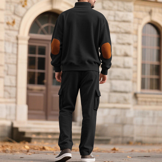 Herren nan strukturierter Troyer-Pullover mit Stehkragen Druckknopfleiste und Velours-Ellenbogenpatch R&B