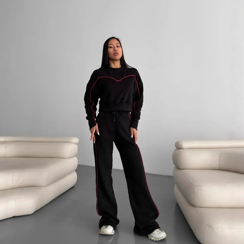 Damen lässiges Fleece-Set mit gemütlichem cropped Oberteil und weiten Hosen R&B