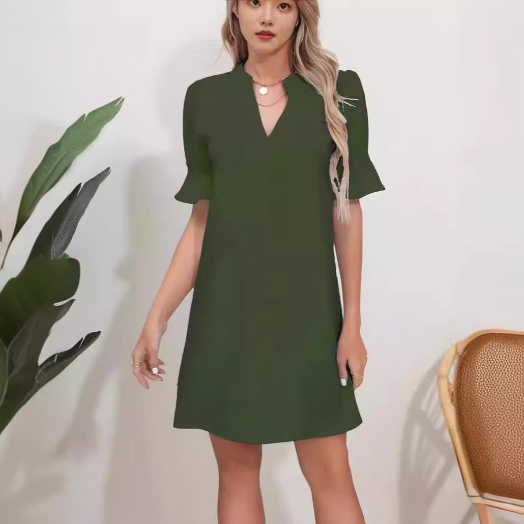 Damen Elegantes Kurzarm-Kleid mit V-Ausschnitt und Schößchen R&B