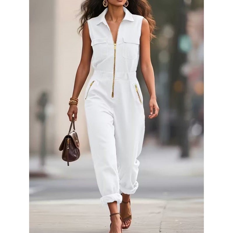 Damen Jumpsuit mit modischem Kragen und Reißverschlüssen R&B