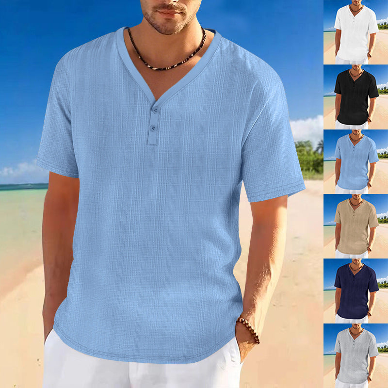Herren lässiges Kurzarm-Henley-Shirt mit strukturierter Oberfläche R&B