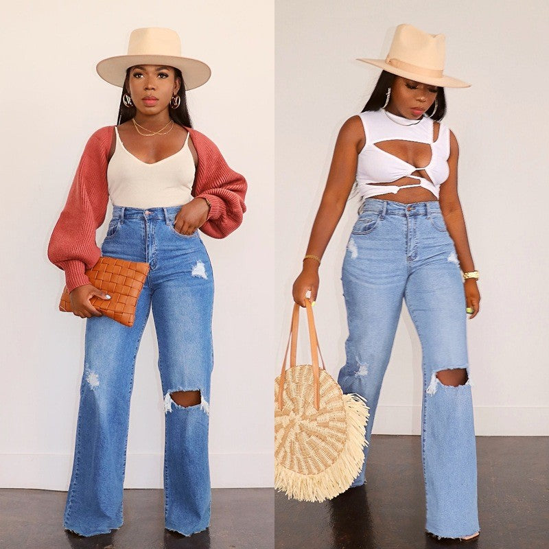 Damen Hochtaillierte Bootcut Jeans mit angesagtem Destroyed-Effekt R&B