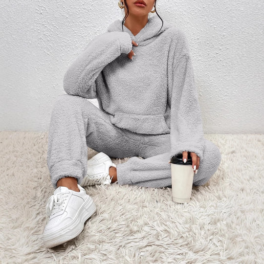 Damen Fleece-Loungewear-Set mit Kapuze und Taschen R&B