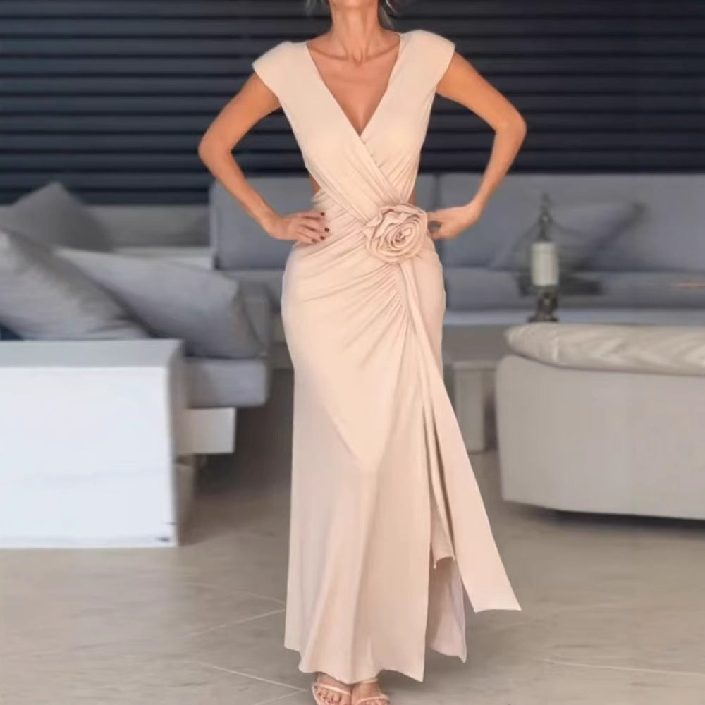 Damen Elegantes Maxikleid mit raffiniertem Wickeldesign und Blumenapplikation R&B