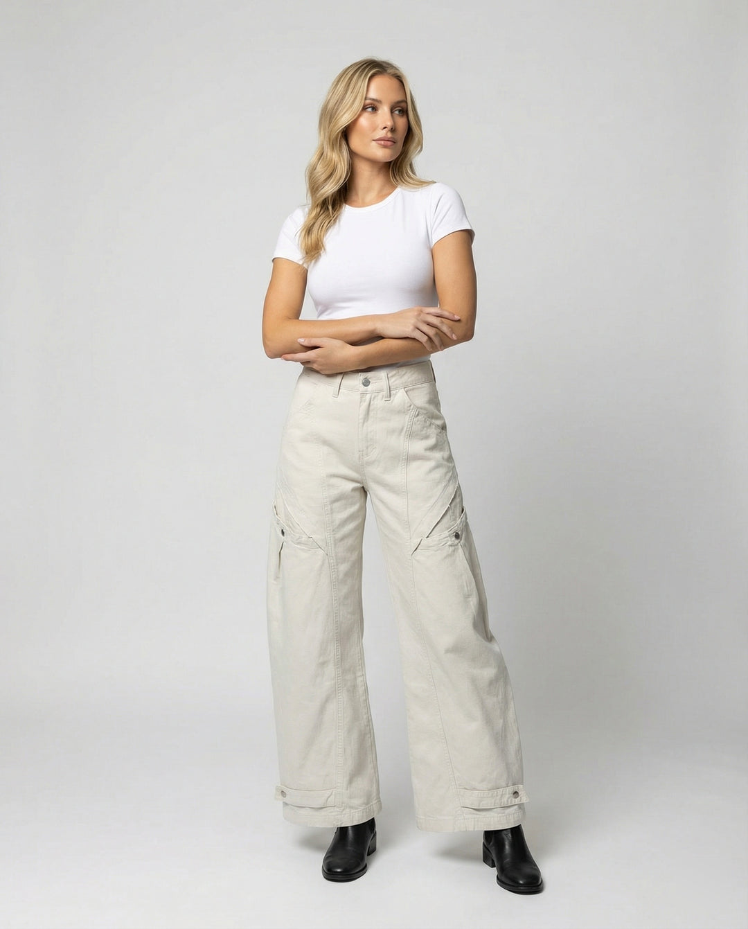 Damen Utility-Palazzohose mit hoher Bundpassform aufgesetzten Klappentaschen und verstellbarem Saum R&B