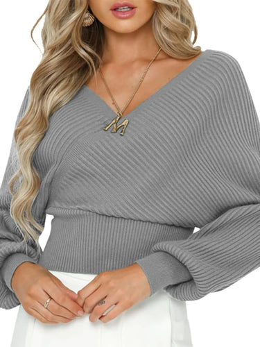 Damen lässiger V-Ausschnitt Pulli mit breiten Ärmeln und Rippstruktur R&B