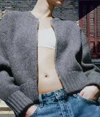Damen lässiger Strickjacke mit hochgeschlossenem Reißverschluss und voluminösen Ärmeln R&B