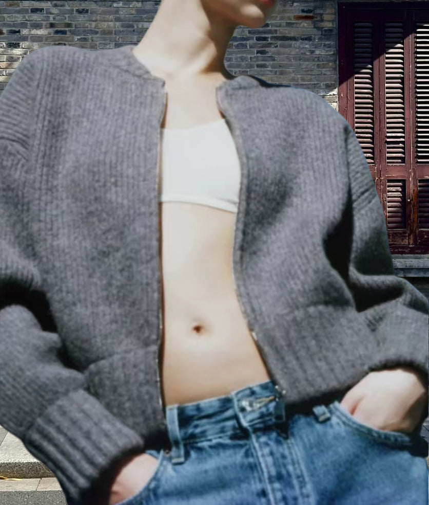 Damen lässiger Strickjacke mit hochgeschlossenem Reißverschluss und voluminösen Ärmeln R&B