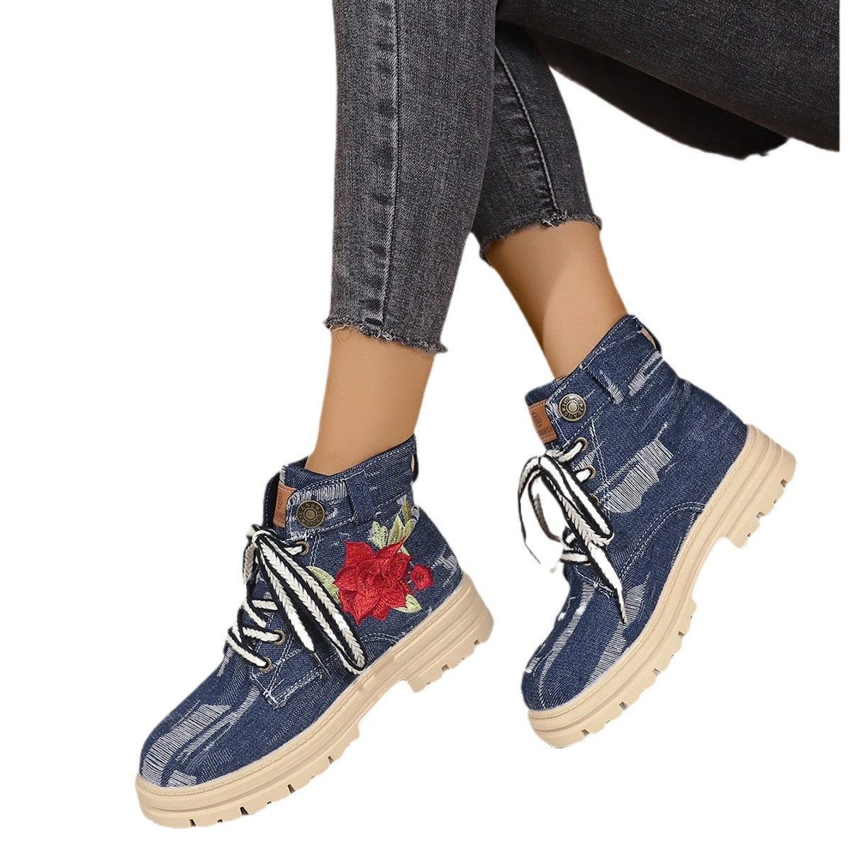 Damen Modische Schnürstiefeletten mit floralem Stickmuster und rutschfester Sohle R&B