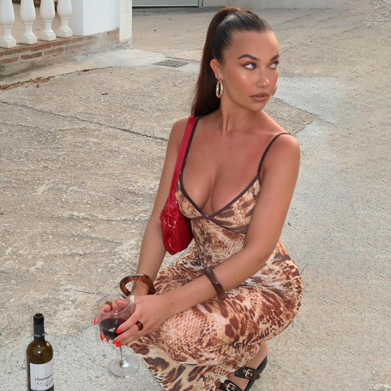 Damen figurbetontes Maxikleid mit tierischem Muster R&B