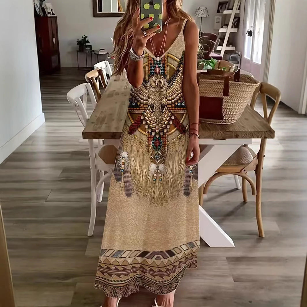 Damen Maxikleid mit künstlerischem tribal Design und fließendem Schnitt R&B