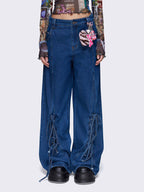 Damen Weit geschnittene Denim-Hose mit verstellbaren Kordeln R&B