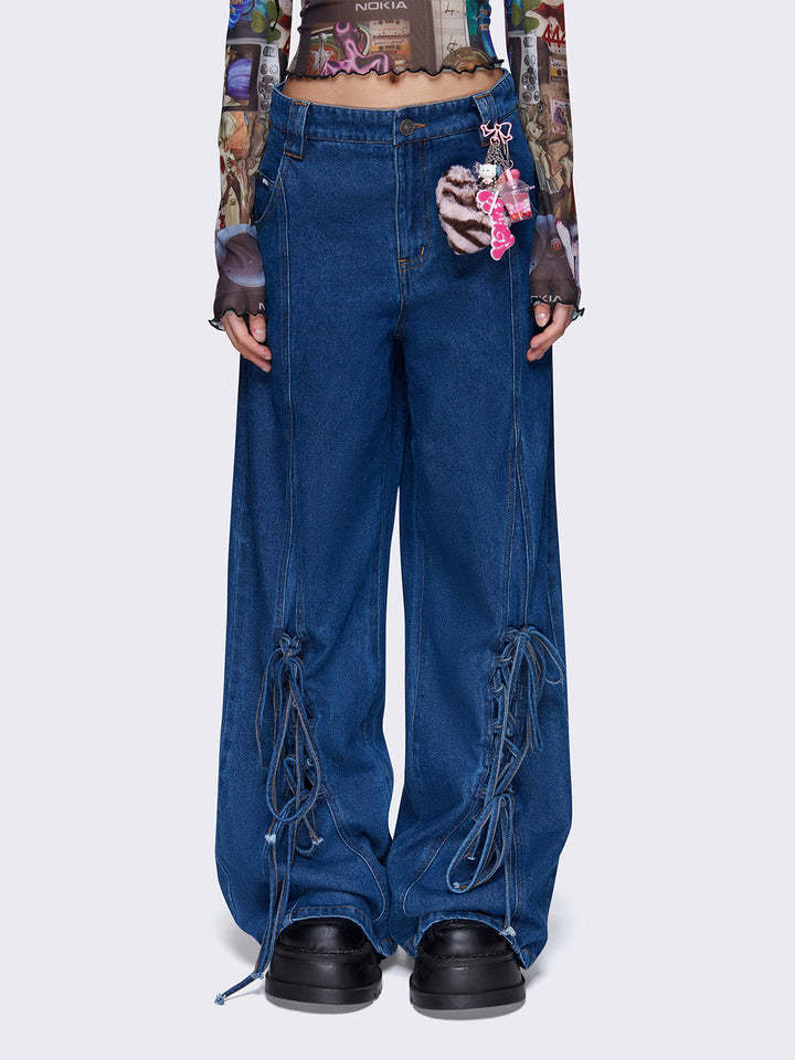 Damen Weit geschnittene Denim-Hose mit verstellbaren Kordeln R&B