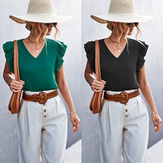 Damen Bluse mit voluminösen Rüschensäumen und V-Ausschnitt R&B