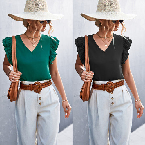 Damen Bluse mit voluminösen Rüschensäumen und V-Ausschnitt R&B