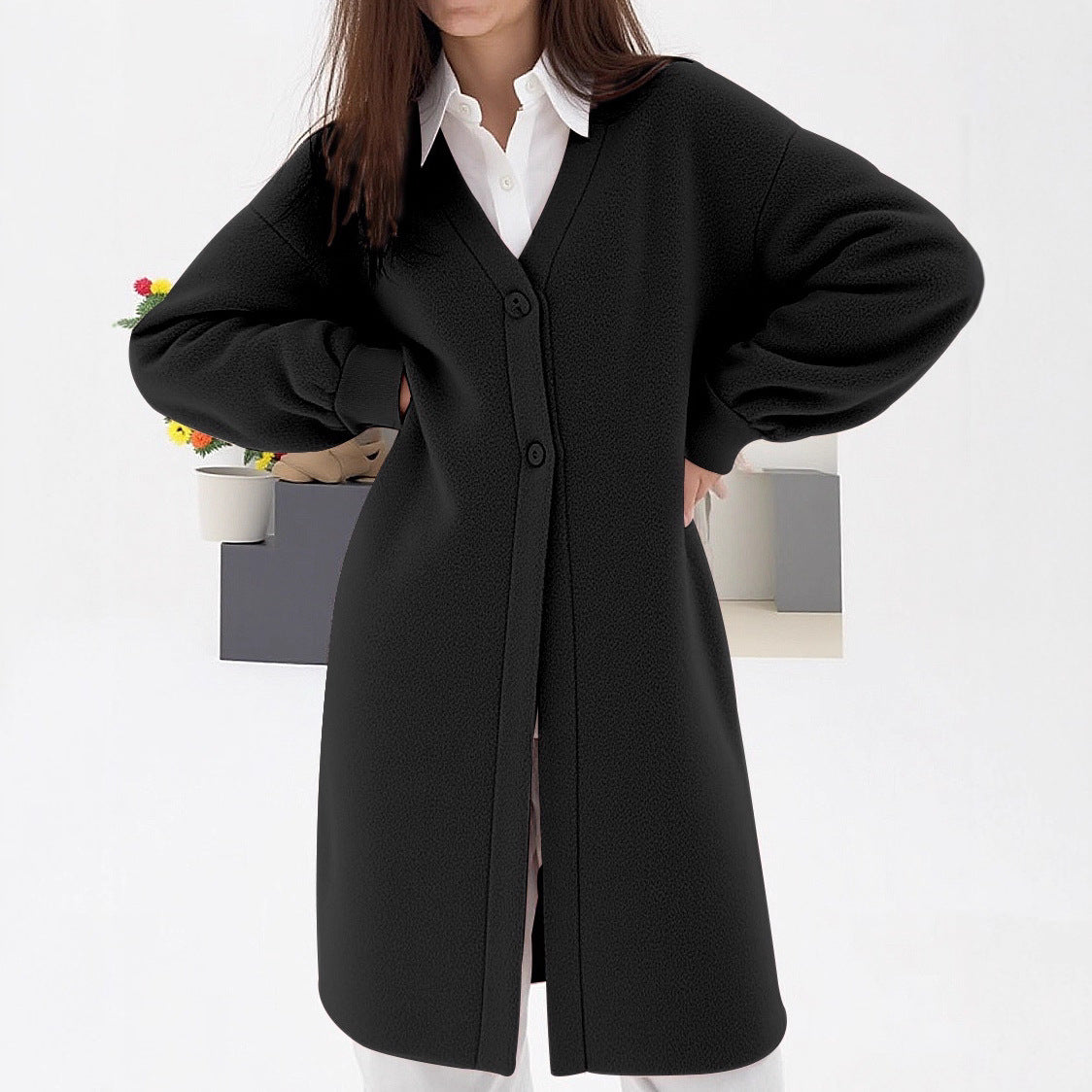Damen Elegante Strickjacke mit Knopf und V-Ausschnitt R&B