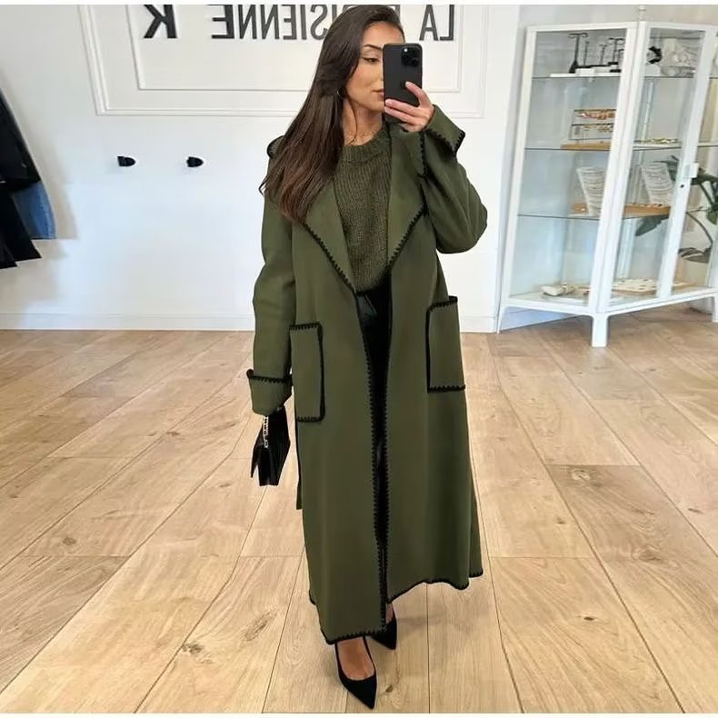 Damen elegante Übergangsjacke mit dekorativem Gürtel und hochwertigen Taschen R&B