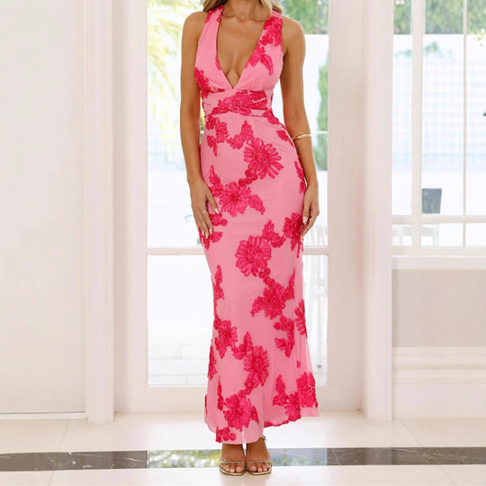 Damen Elegantes Maxikleid mit tiefem V-Ausschnitt und floralen Stickereien R&B