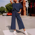 Damen lässiges Jumpsuit-Set aus weichem Material mit elastischem Bund und weit geschnittenen Beinen