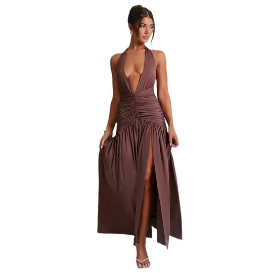 Damen Maxikleid mit tiefem V-Ausschnitt und Rüschen R&B