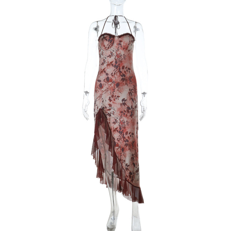 Damen asymmetrisches Floral-Maxikleid mit zartem Rüschensaum und verführerischem Schnitt R&B