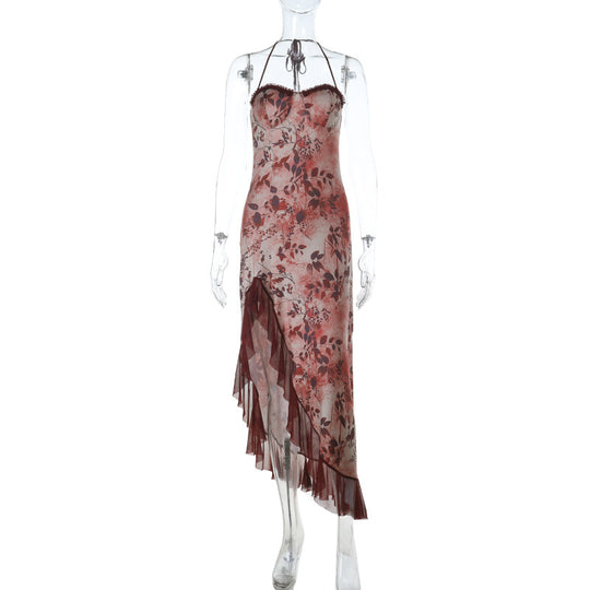Damen asymmetrisches Floral-Maxikleid mit zartem Rüschensaum und verführerischem Schnitt R&B
