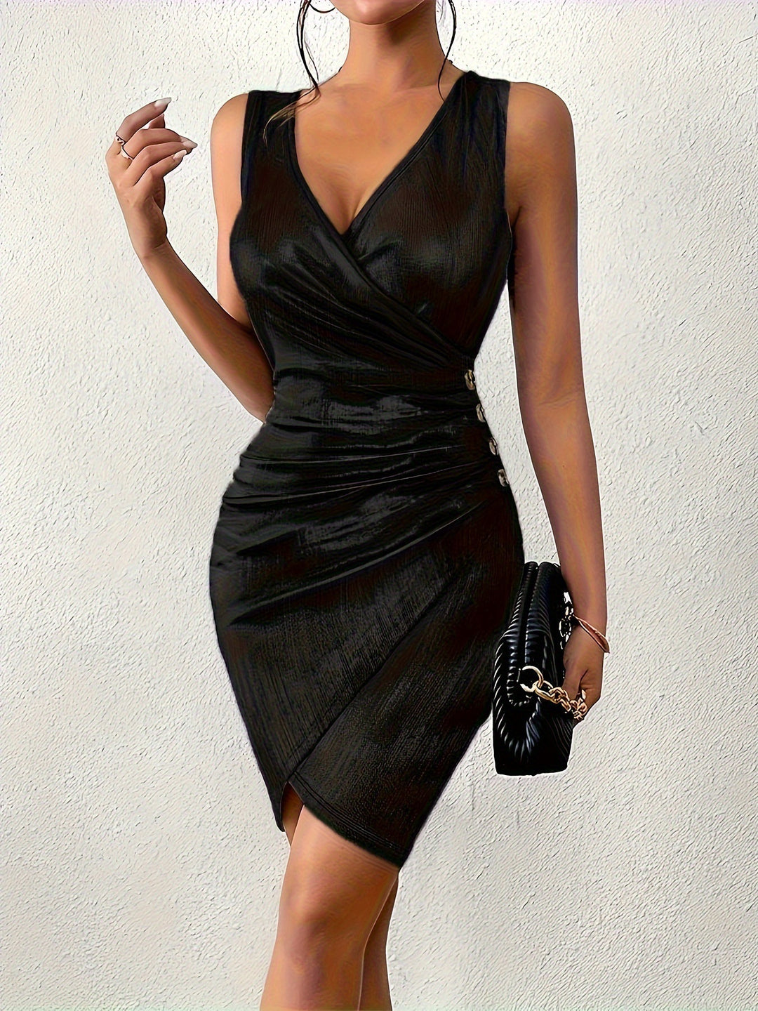 Damen figurbetontes Wickelkleid mit glänzendem Stoff und elegantem Raffung R&B