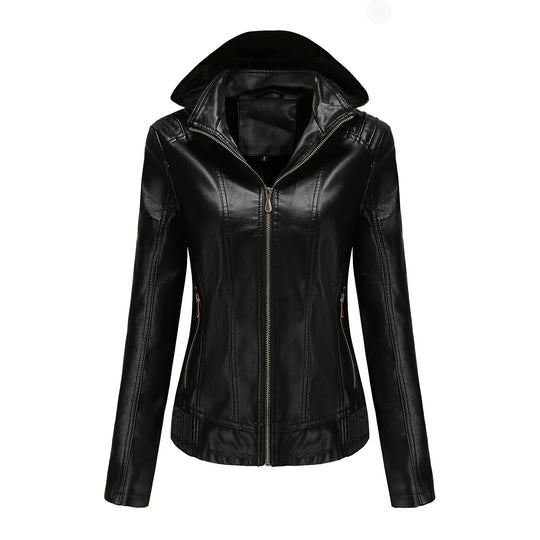Damen stilvolle Kunstlederjacke mit hochabschließendem Kragen und elastischen Bündchen R&B