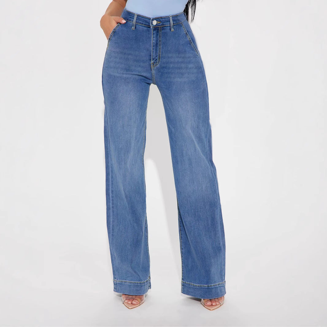 Damen Weite Denim-Hose mit hoch geschnittenem Bund und lässigem Schnitt R&B