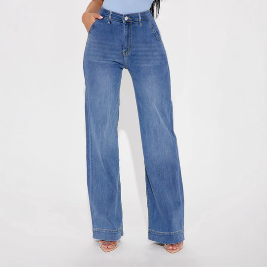 Damen Weite Denim-Hose mit hoch geschnittenem Bund und lässigem Schnitt R&B
