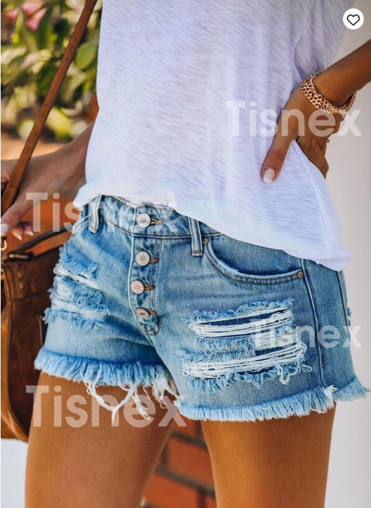 Damen lässige Destroyed Denim-Shorts mit Knopfdetails und fransigem Saum R&B