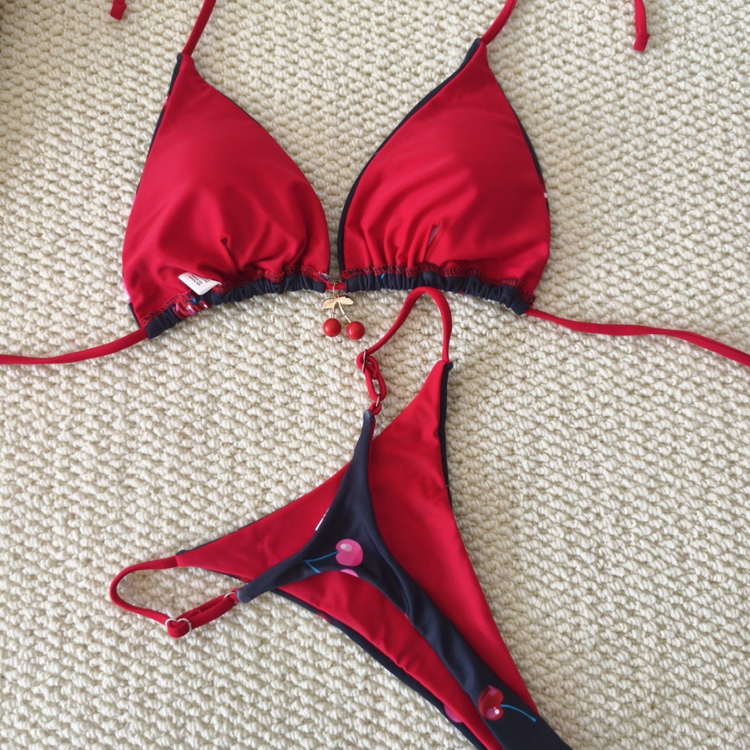 Damen Triangel-Bikini mit verspieltem Kirschenmuster und elastischen Bindebändern R&B