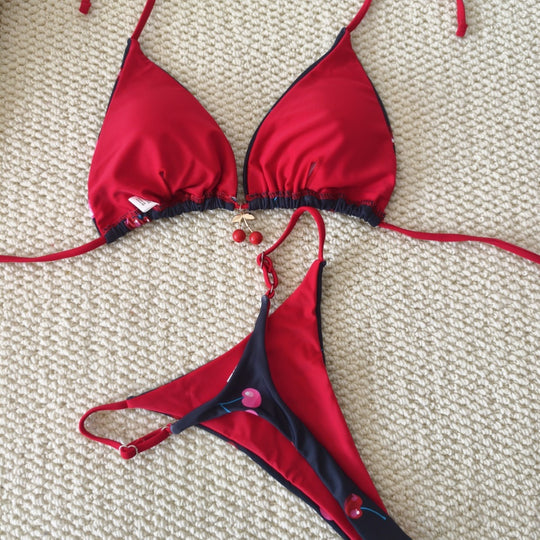 Damen Triangel-Bikini mit verspieltem Kirschenmuster und elastischen Bindebändern R&B