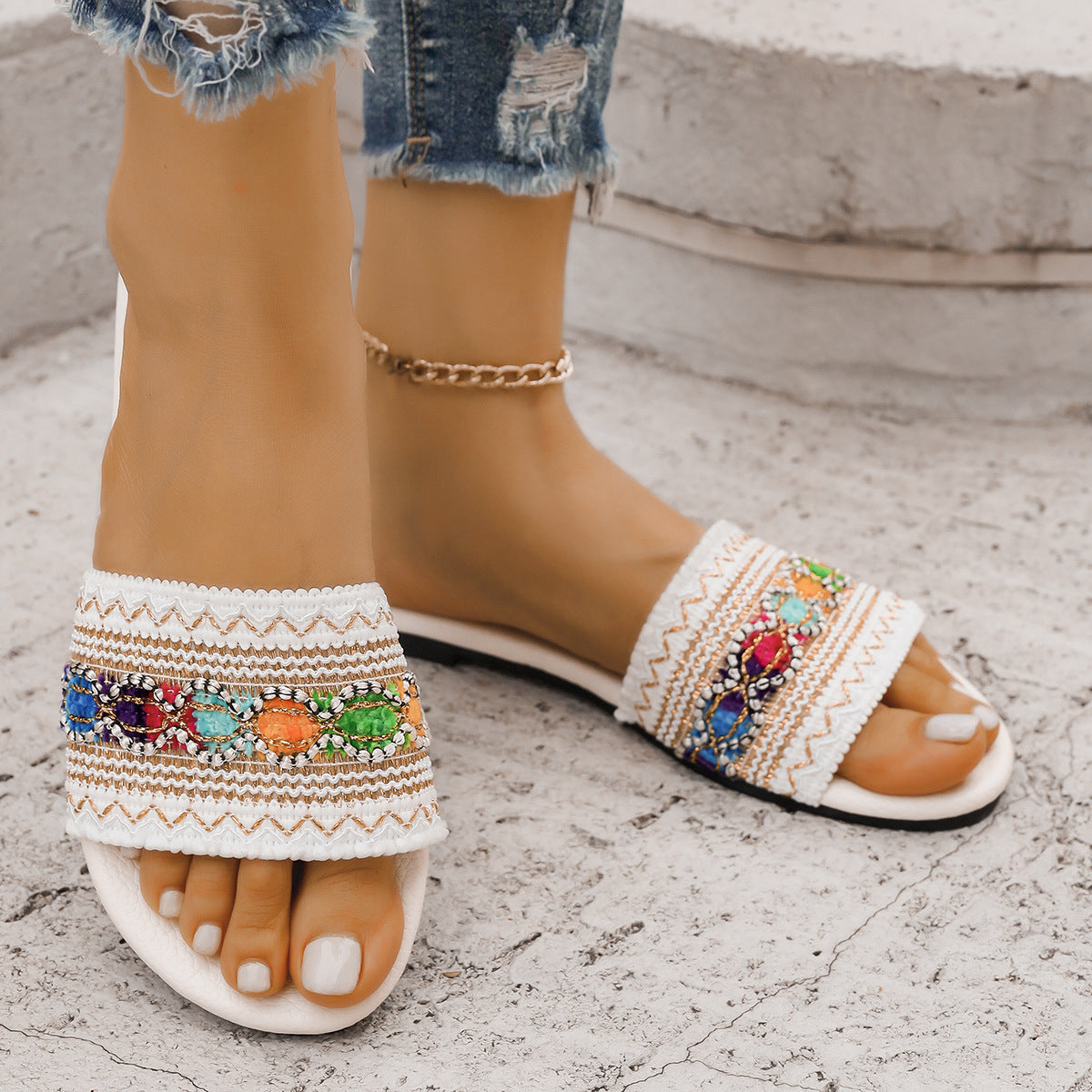 Damen dekorative Zehenstegsandalen mit buntem Schmuckdesign R&B