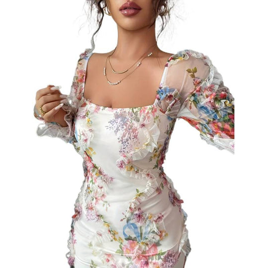 Damen Blumenkleid mit transparenten Ärmeln R&B