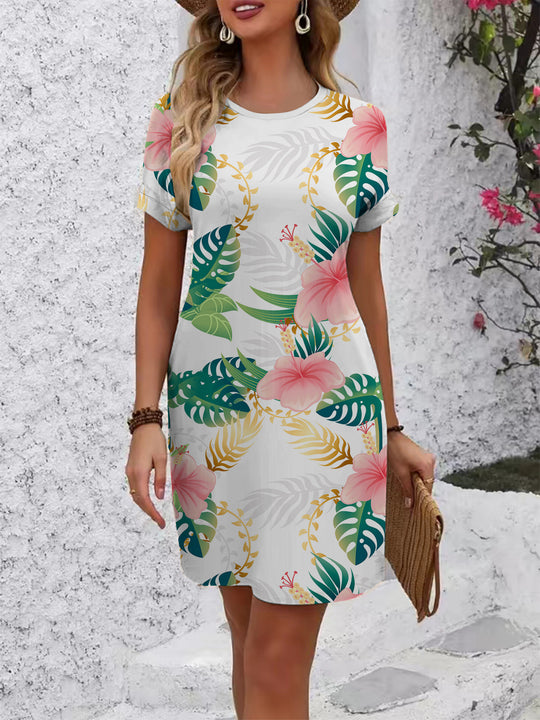 Damen lässiges T-Shirt Kleid mit buntem Blumenmuster und bequemem Schnitt R&B
