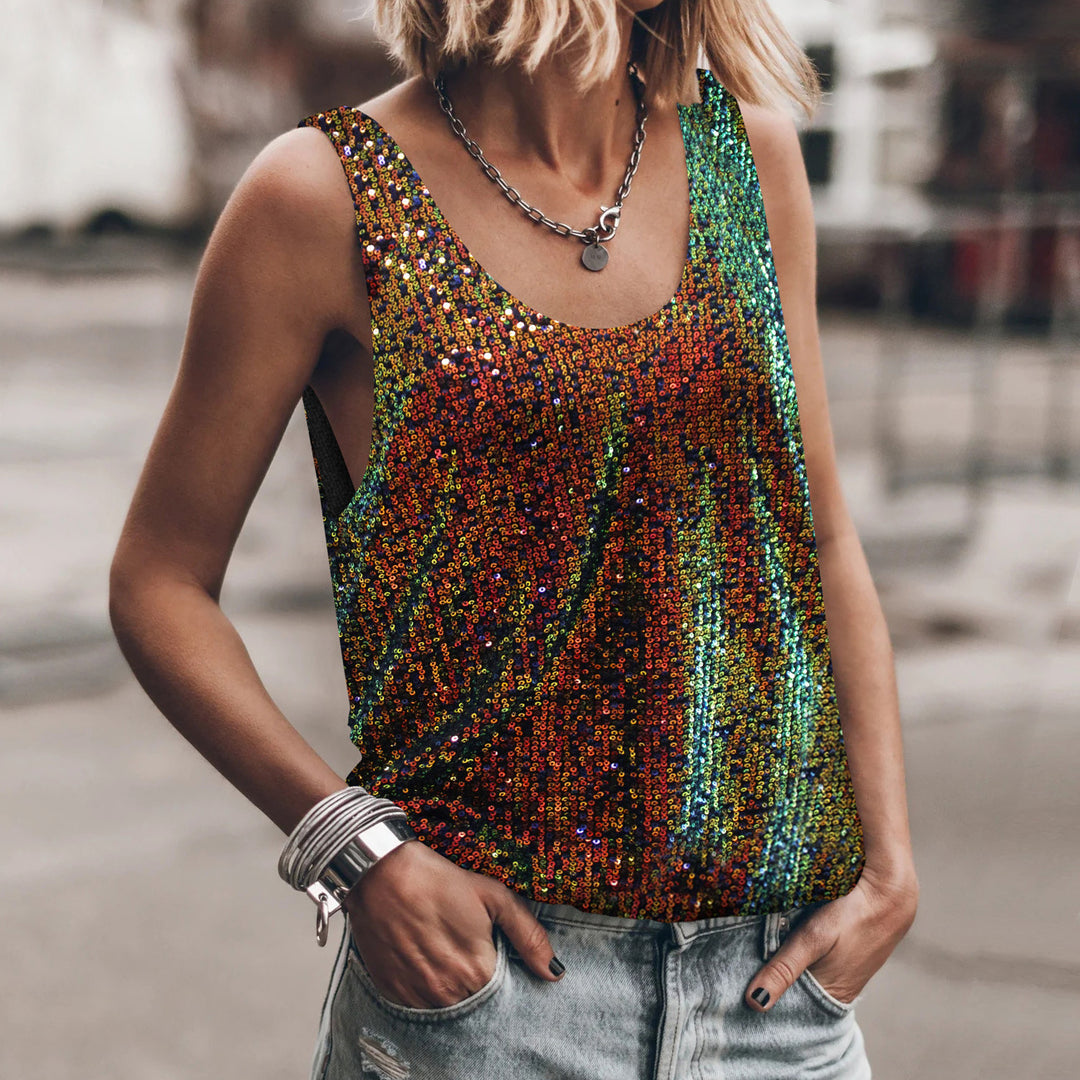 Damen Glitzerndes Top mit tiefem Rundhalsausschnitt und leichter A-Linie R&B