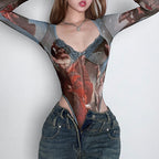 Damen Transparente Bodys mit kunstvollem Print R&B