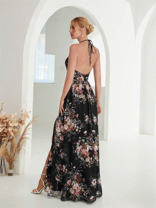 Damen Maxikleid mit hochgeschlossenem Ausschnitt und seitlichem Schlitz R&B