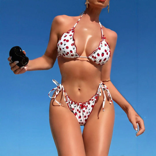 Damen Triangel-Bikini mit verspieltem Kirschmuster R&B