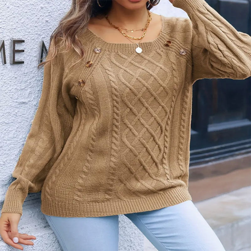 Damen eleganter Pullover mit Zopfmuster und dekorativen Knopfdetails R&B