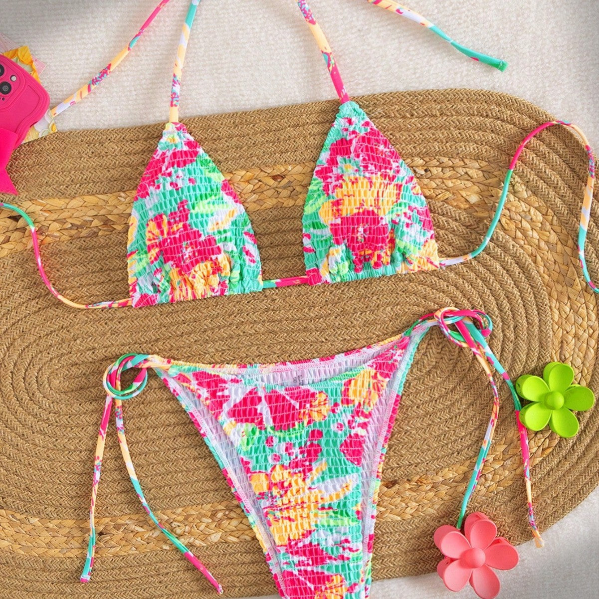 Damen Triangel-Bikini mit buntem Blumenmuster und verstellbarem BindR&Band R&B