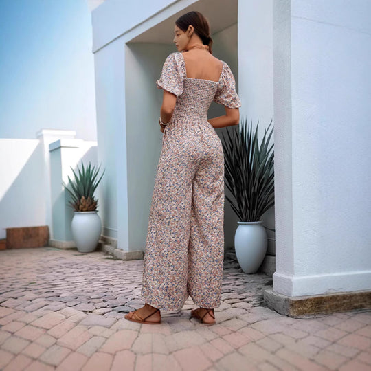 Damen Blumenmuster Jumpsuit mit Puffärmeln und Seitentaschen R&B