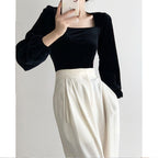Damen elegantes Strickoberteil mit Puffärmeln und reizendem Quadrat-Ausschnitt