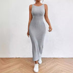 Damen figurbetontes Langarm-Maxikleid mit Rippenstruktur und Rundhalsausschnitt R&B