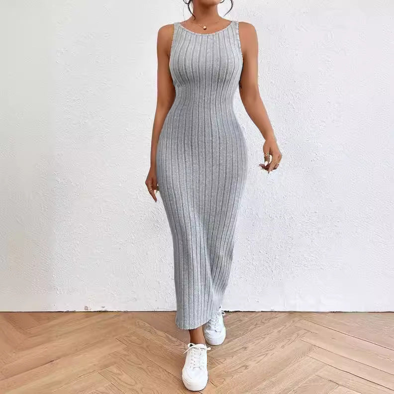 Damen figurbetontes Langarm-Maxikleid mit Rippenstruktur und Rundhalsausschnitt R&B