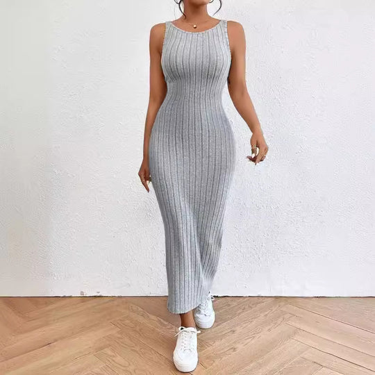 Damen figurbetontes Langarm-Maxikleid mit Rippenstruktur und Rundhalsausschnitt R&B