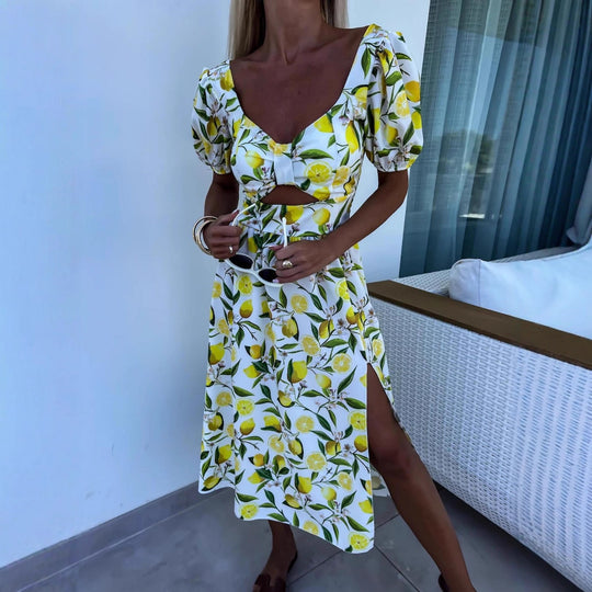 Damen Maxi Kleid mit Fruchtmotiv und Cut-Out-Details R&B