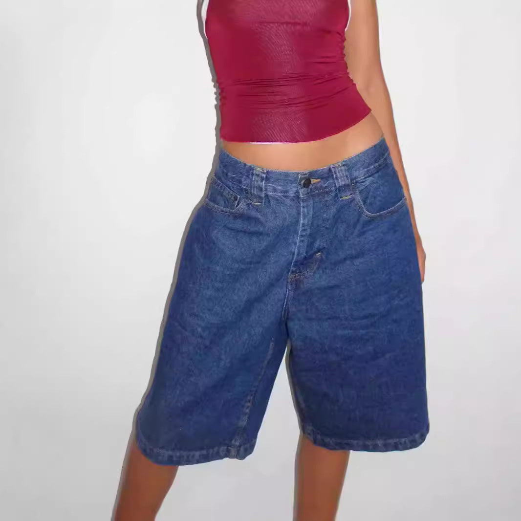 Damen lässige Denim-Shorts mit weitem Schnitt und hohen Seitentaschen R&B